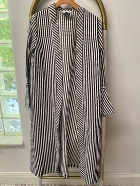L’Academie Duster Alex Grey White Stripe Cardigan Open Front Gray & White Size S